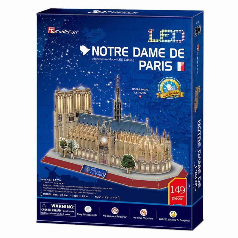 3d puzzle Notre Dame de París Francia con iluminación LED Cubic fun 